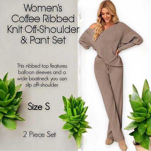 eesome Pants - Women’s Coffee Ribbed Knit Off-Shoulder Pant Set